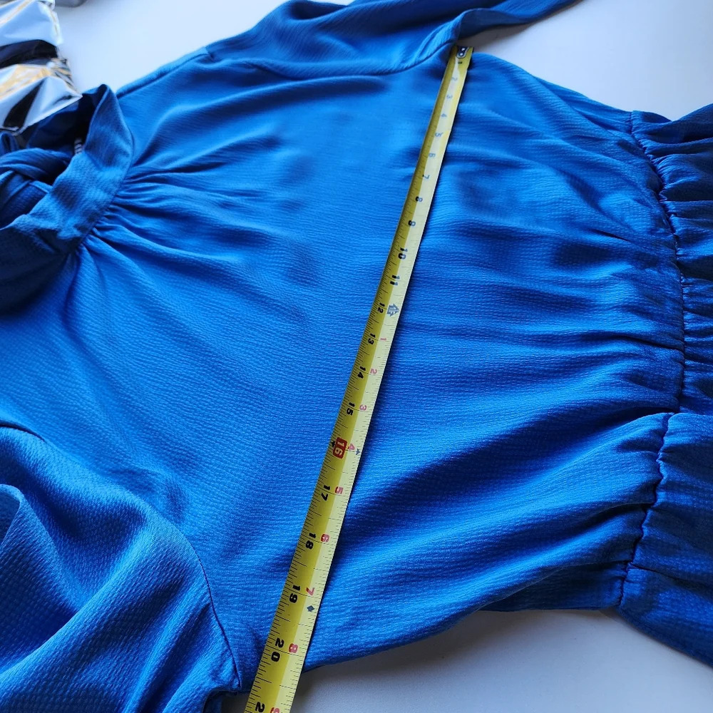 NWT BTFBM Blue Turquoise 3/4 Sleeve Satin Mini Stretch Dress A-Line Ruffle Hem L - Picture 11 of 16